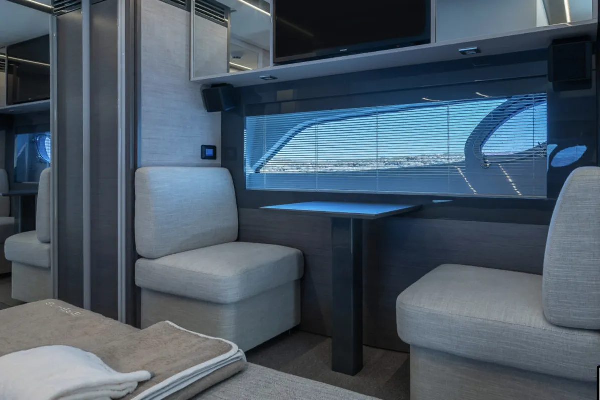 Cabin on Polar, a Pershing 50 motorboat at Palma de Mallorca, Spain