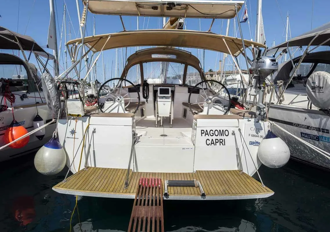 Cockpit of Pagomo capri, a Jeanneau Sun Odyssey 449 sailboat at Pula, Croatia