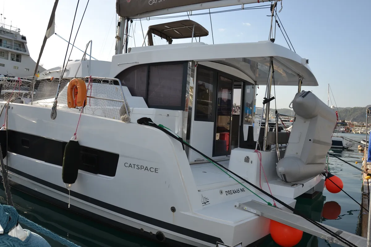 Exterior view of Dreams NK, a Bali Catspace catamaran at Marmaris, Turkey