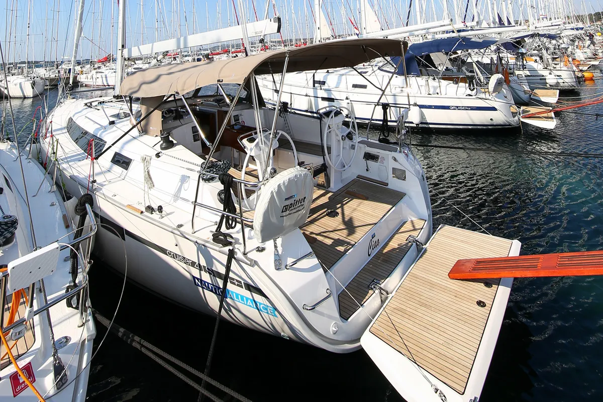 Exterior view of Ciao (17), a Bavaria Cruiser 41S sailboat at Murter, Croatia