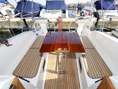 Deck of Ciao (17), a Bavaria Cruiser 41S sailboat at Murter, Croatia