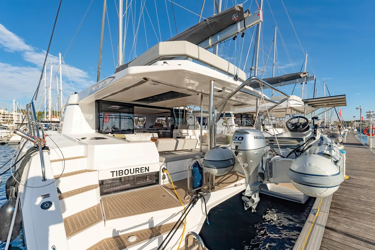 Deck of Tibouren, a Leopard 45 catamaran at Toulon, France