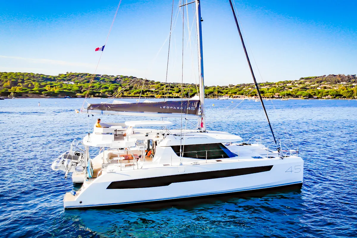 Exterior view of Tibouren, a Leopard 45 catamaran at Toulon, France