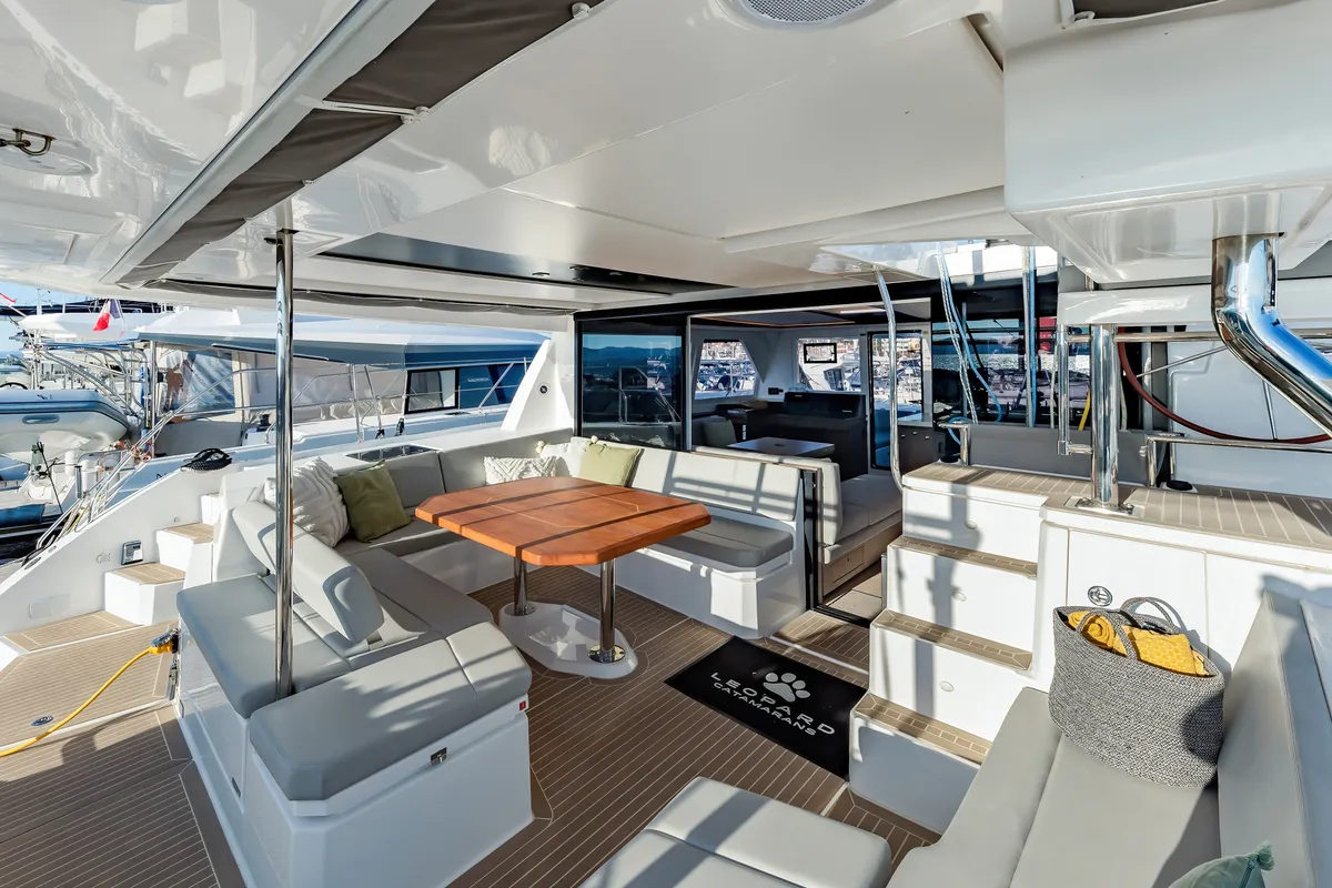 Deck of Tibouren, a Leopard 45 catamaran at Toulon, France