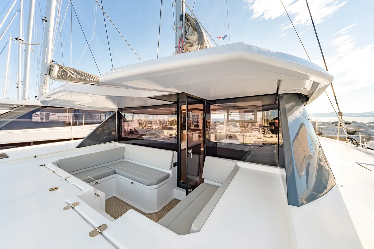 Deck of Tibouren, a Leopard 45 catamaran at Toulon, France