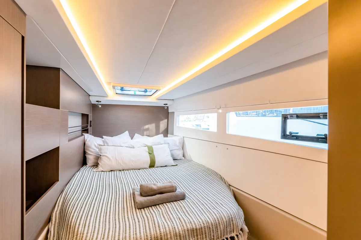 Cabin on Tibouren, a Leopard 45 catamaran at Toulon, France