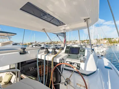 Cockpit of Tibouren, a Leopard 45 catamaran at Toulon, France