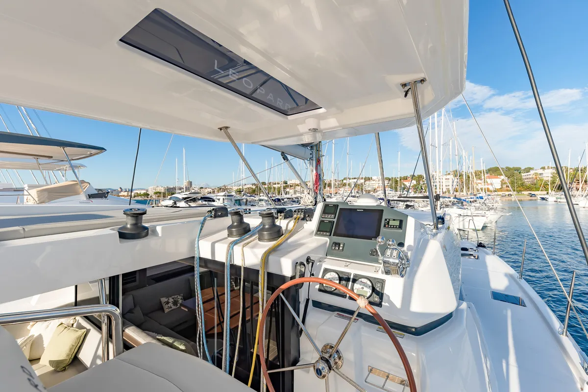 Cockpit of Tibouren, a Leopard 45 catamaran at Toulon, France