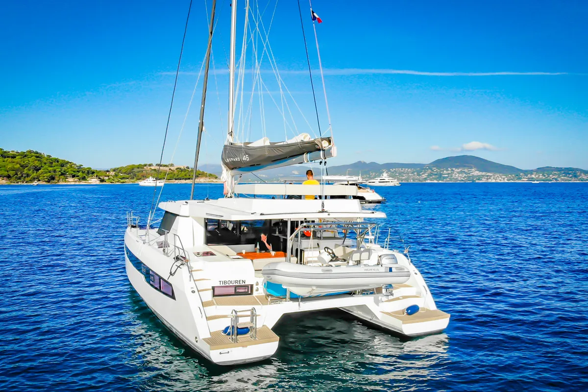 Exterior view of Tibouren, a Leopard 45 catamaran at Toulon, France