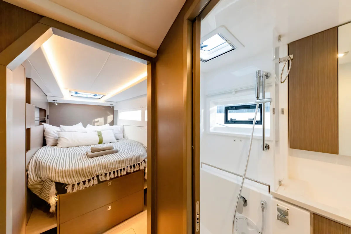 Cabin on Tibouren, a Leopard 45 catamaran at Toulon, France