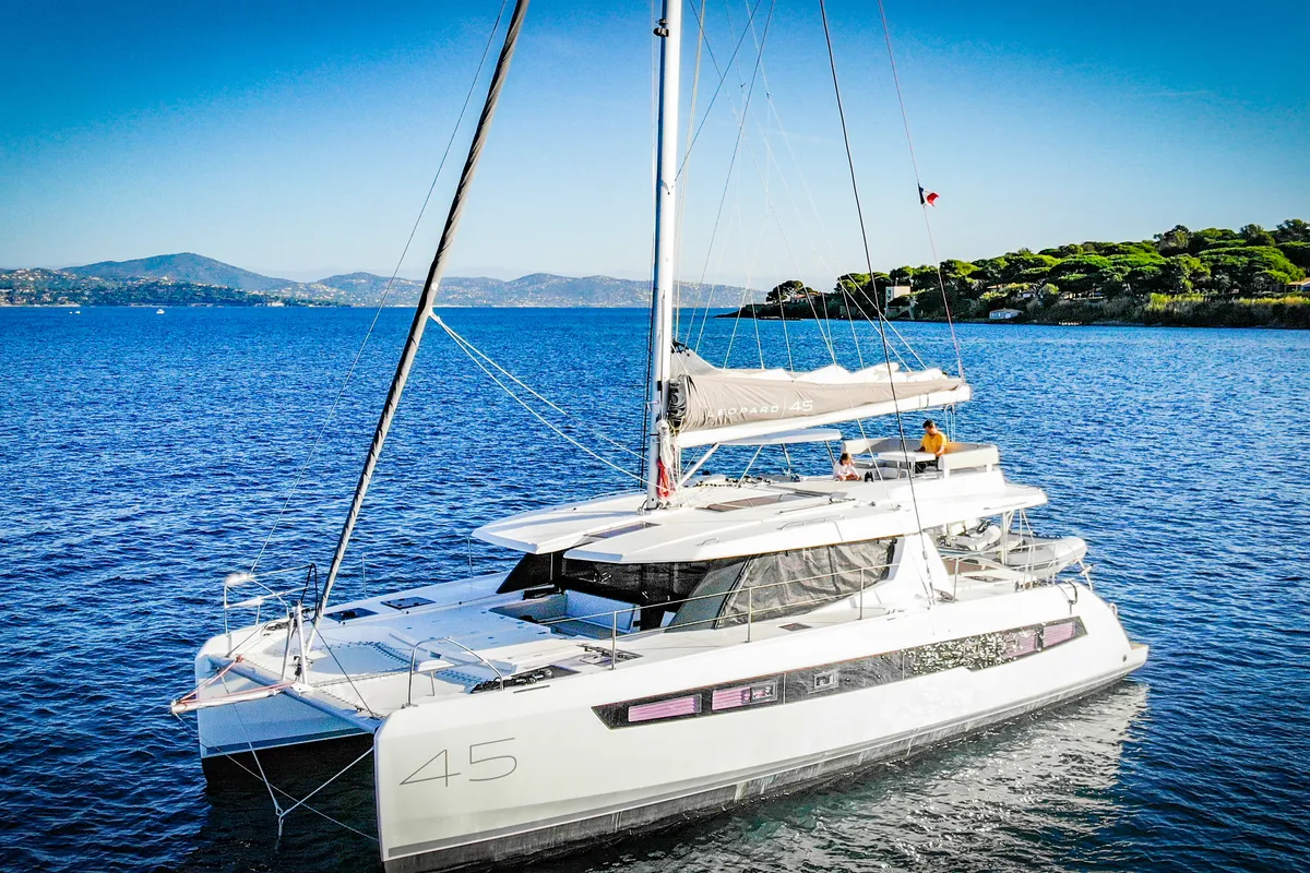 Exterior view of Tibouren, a Leopard 45 catamaran at Toulon, France