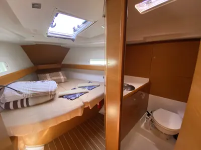 Cabin on Pangea, a Jeanneau Sun Odyssey 409 sailboat at Fethiye, Turkey