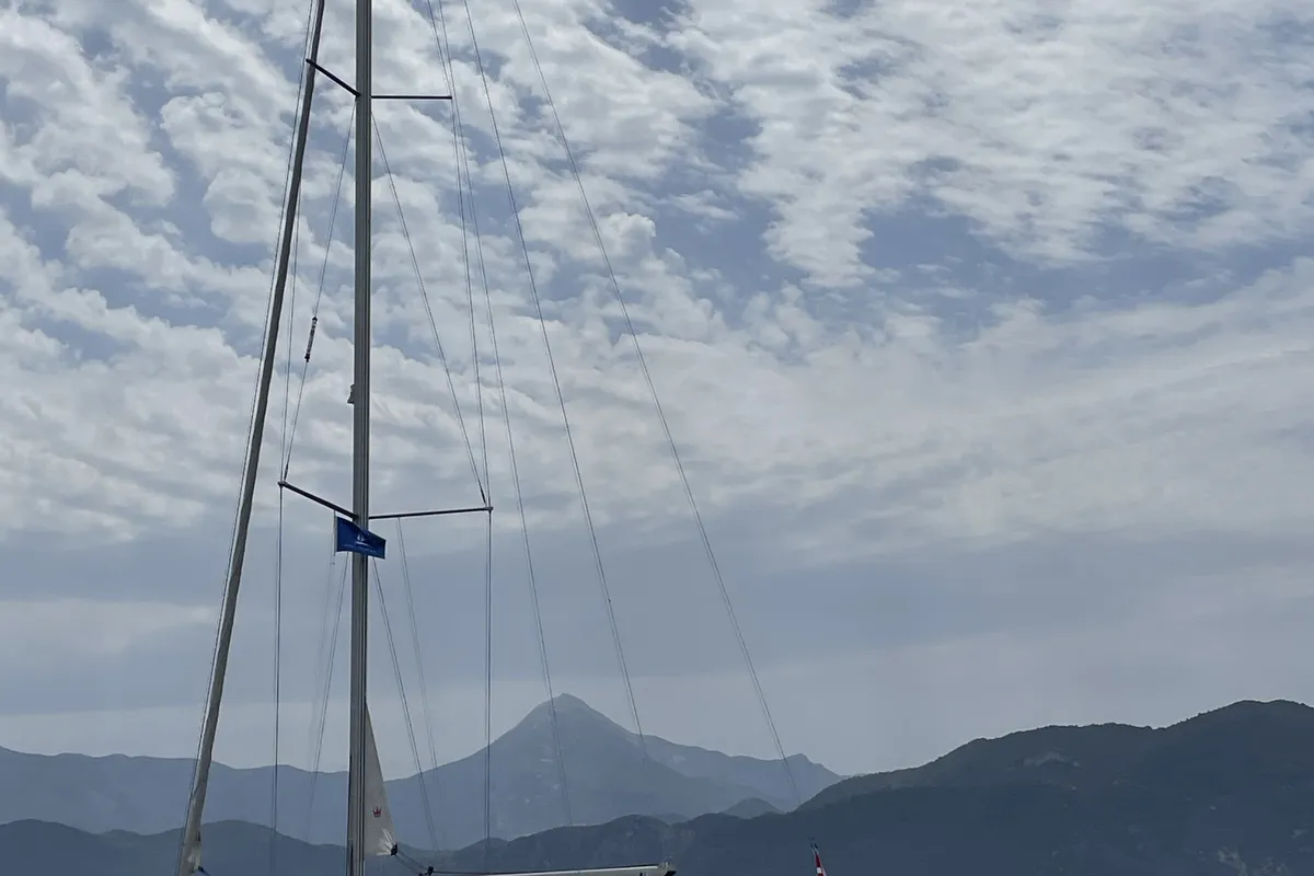 Exterior view of Pangea, a Jeanneau Sun Odyssey 409 sailboat at Fethiye, Turkey