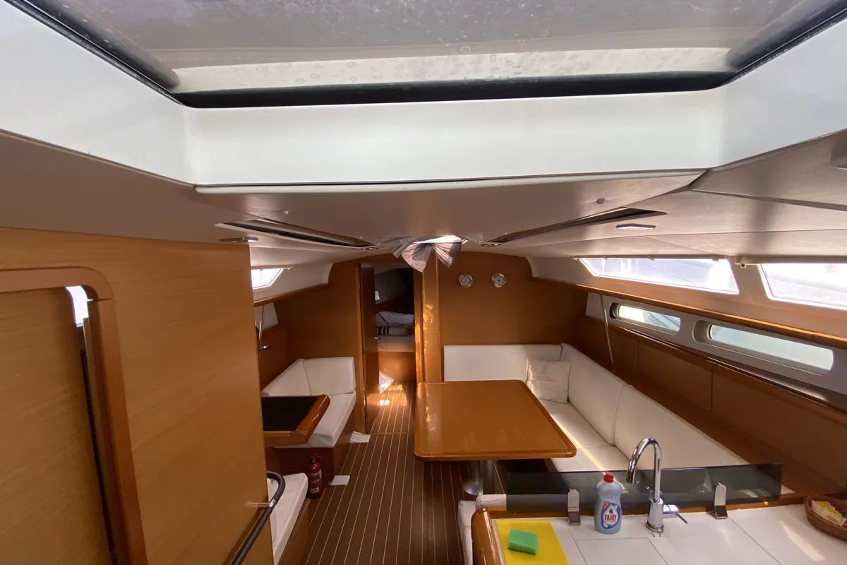 Salon of Pangea, a Jeanneau Sun Odyssey 409 sailboat at Fethiye, Turkey