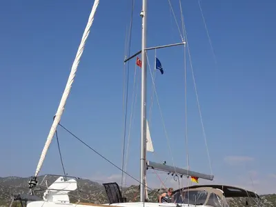 Deck of Pangea, a Jeanneau Sun Odyssey 409 sailboat at Fethiye, Turkey