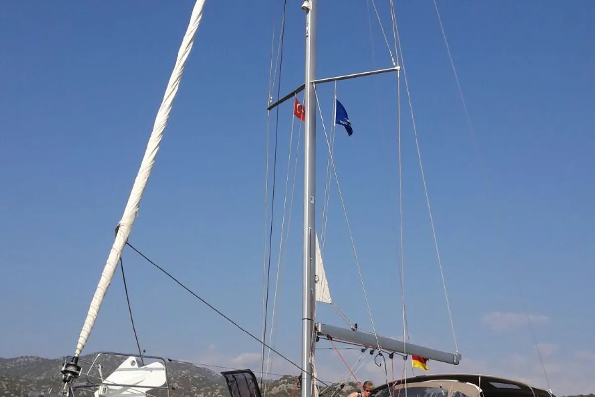 Deck of Pangea, a Jeanneau Sun Odyssey 409 sailboat at Fethiye, Turkey