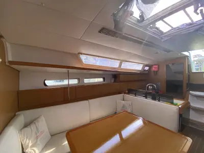 Salon of Pangea, a Jeanneau Sun Odyssey 409 sailboat at Fethiye, Turkey