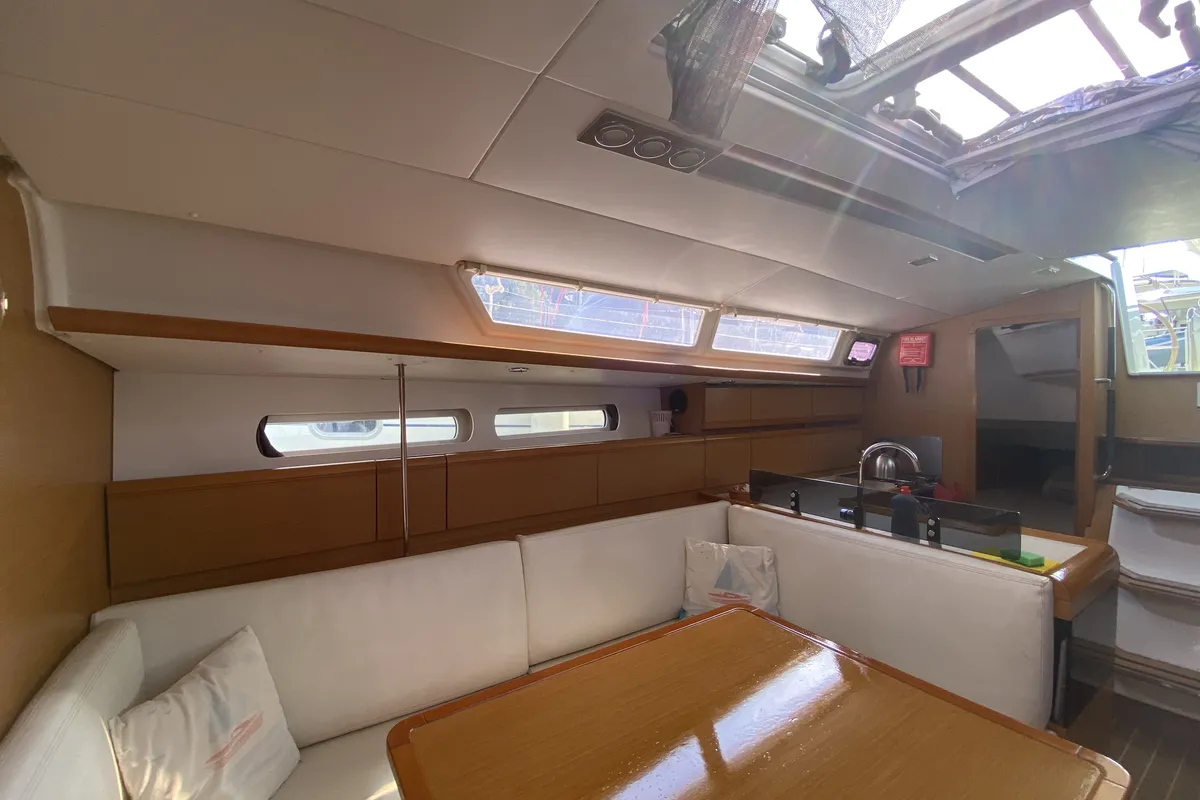 Salon of Pangea, a Jeanneau Sun Odyssey 409 sailboat at Fethiye, Turkey