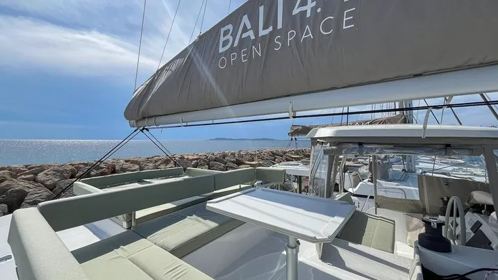 Deck of Obiwan, a Bali 4.4 catamaran at Hyères, France
