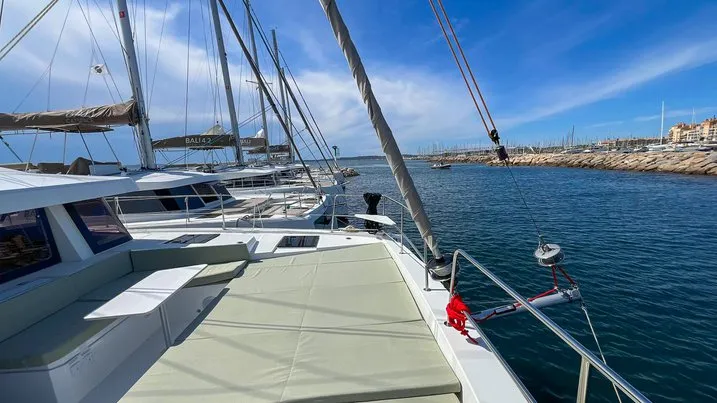 Deck of Obiwan, a Bali 4.4 catamaran at Hyères, France