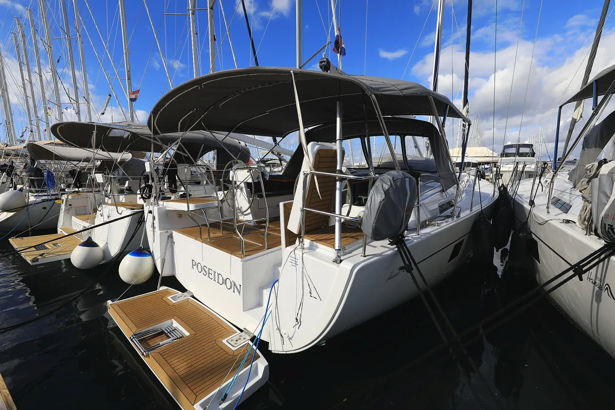 Exterior view of Poseidon, a Hanse 508 sailboat at Grad Biograd na Moru, Croatia