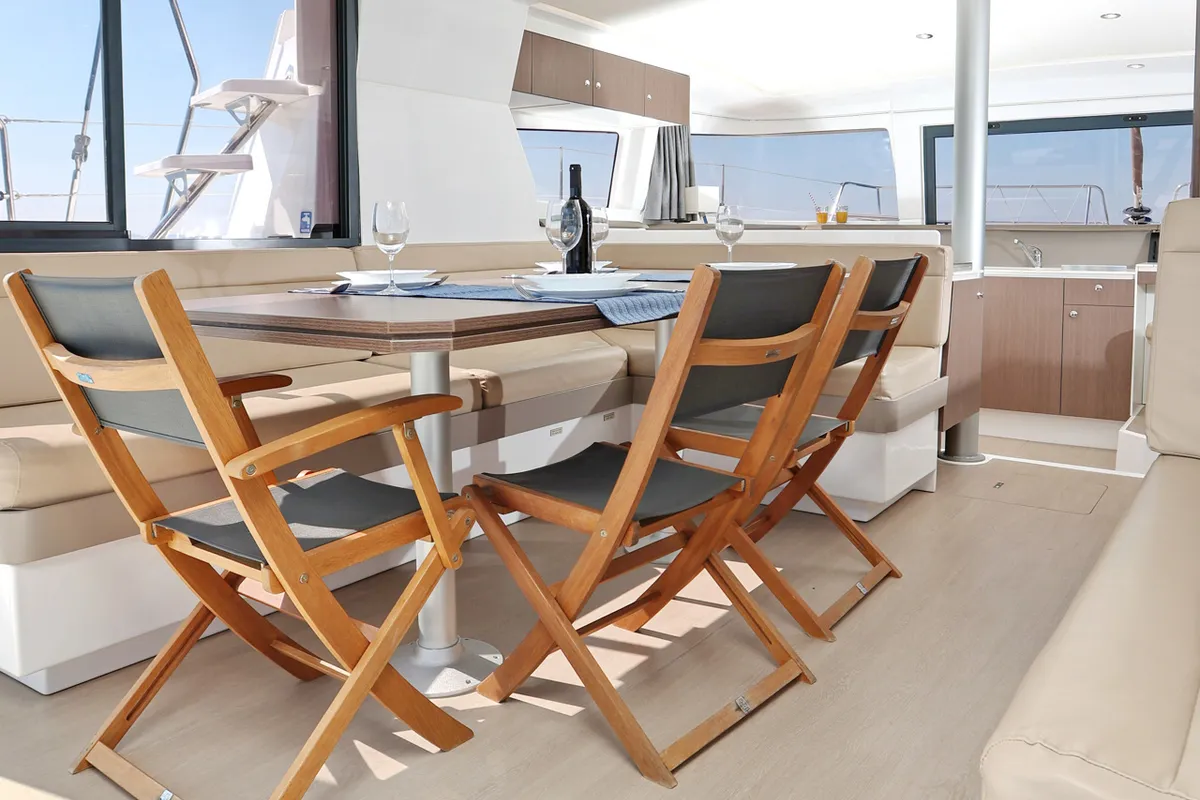 Salon of Sourire, a Bali 4.1 catamaran at Grad Šibenik, Croatia