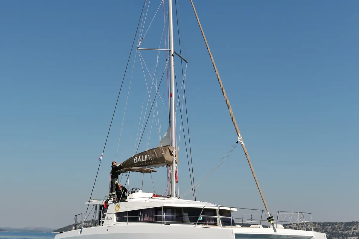 Exterior view of Sourire, a Bali 4.1 catamaran at Grad Šibenik, Croatia