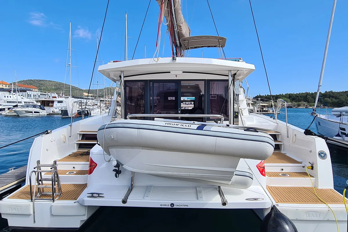 Exterior view of Sourire, a Bali 4.1 catamaran at Grad Šibenik, Croatia