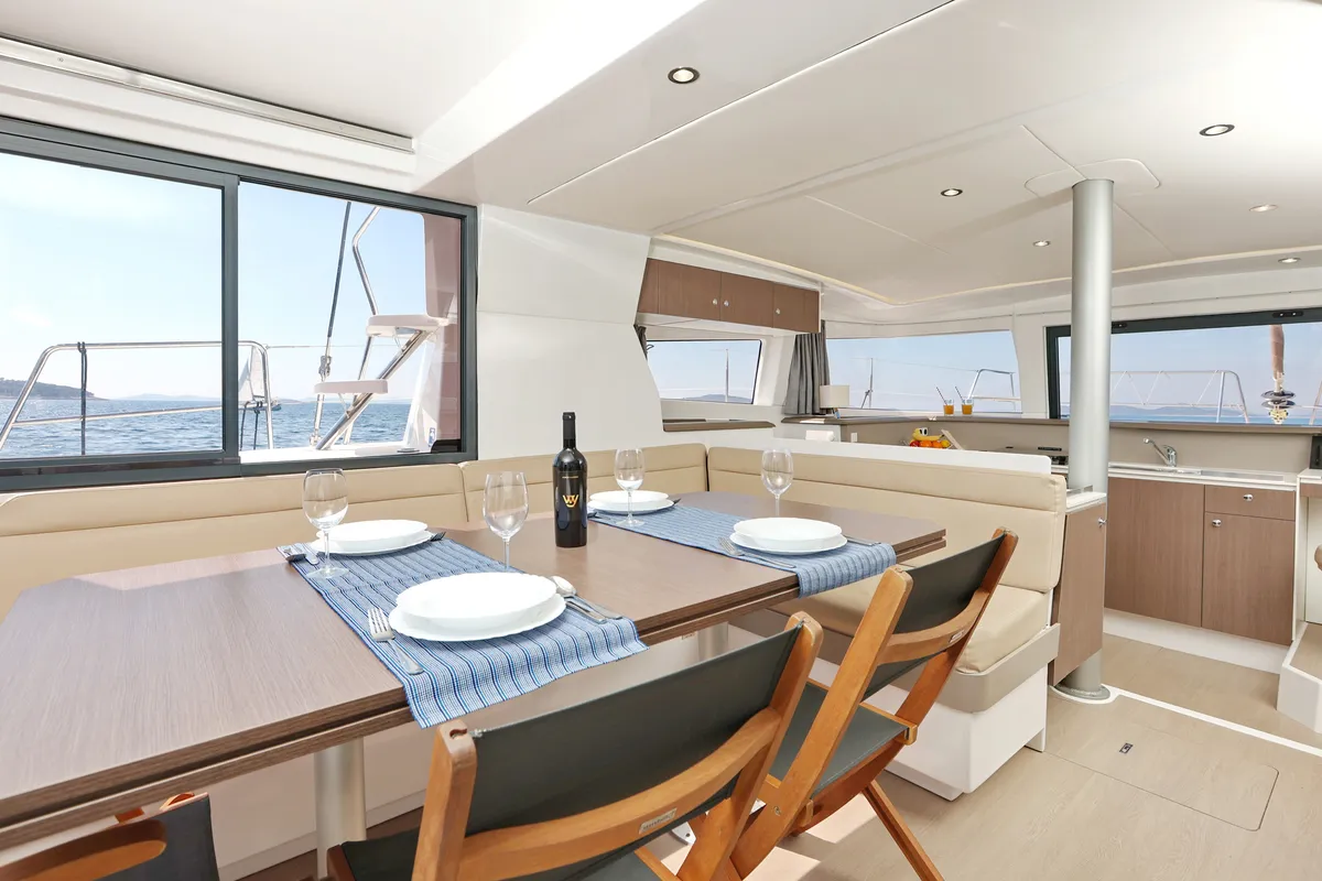 Salon of Sourire, a Bali 4.1 catamaran at Grad Šibenik, Croatia