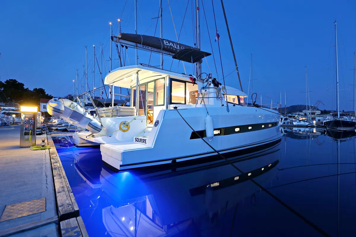 Exterior view of Sourire, a Bali 4.1 catamaran at Grad Šibenik, Croatia