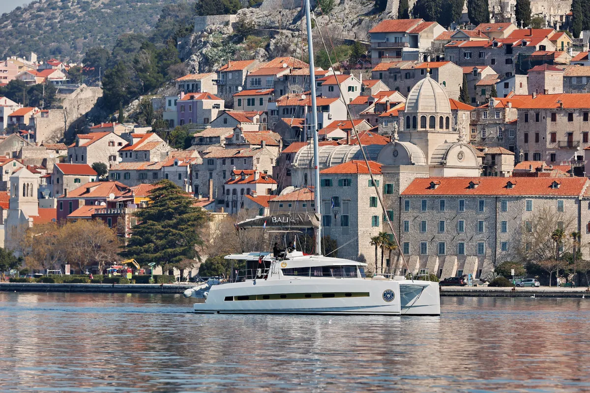 Exterior view of Sourire, a Bali 4.1 catamaran at Grad Šibenik, Croatia