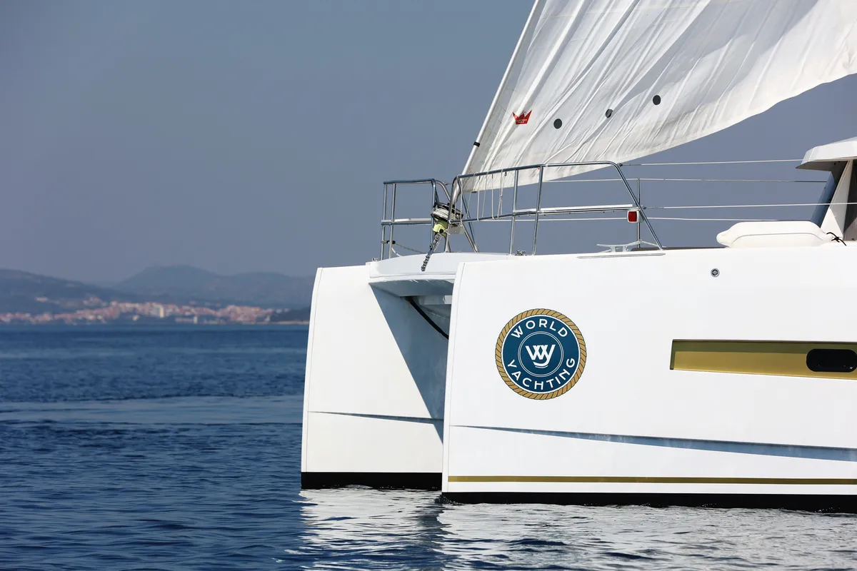 Exterior view of Sourire, a Bali 4.1 catamaran at Grad Šibenik, Croatia