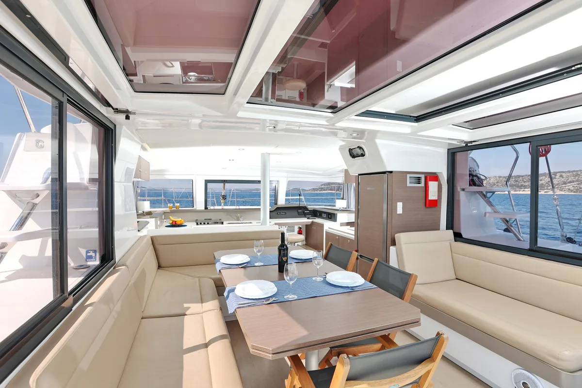 Salon of Sourire, a Bali 4.1 catamaran at Grad Šibenik, Croatia