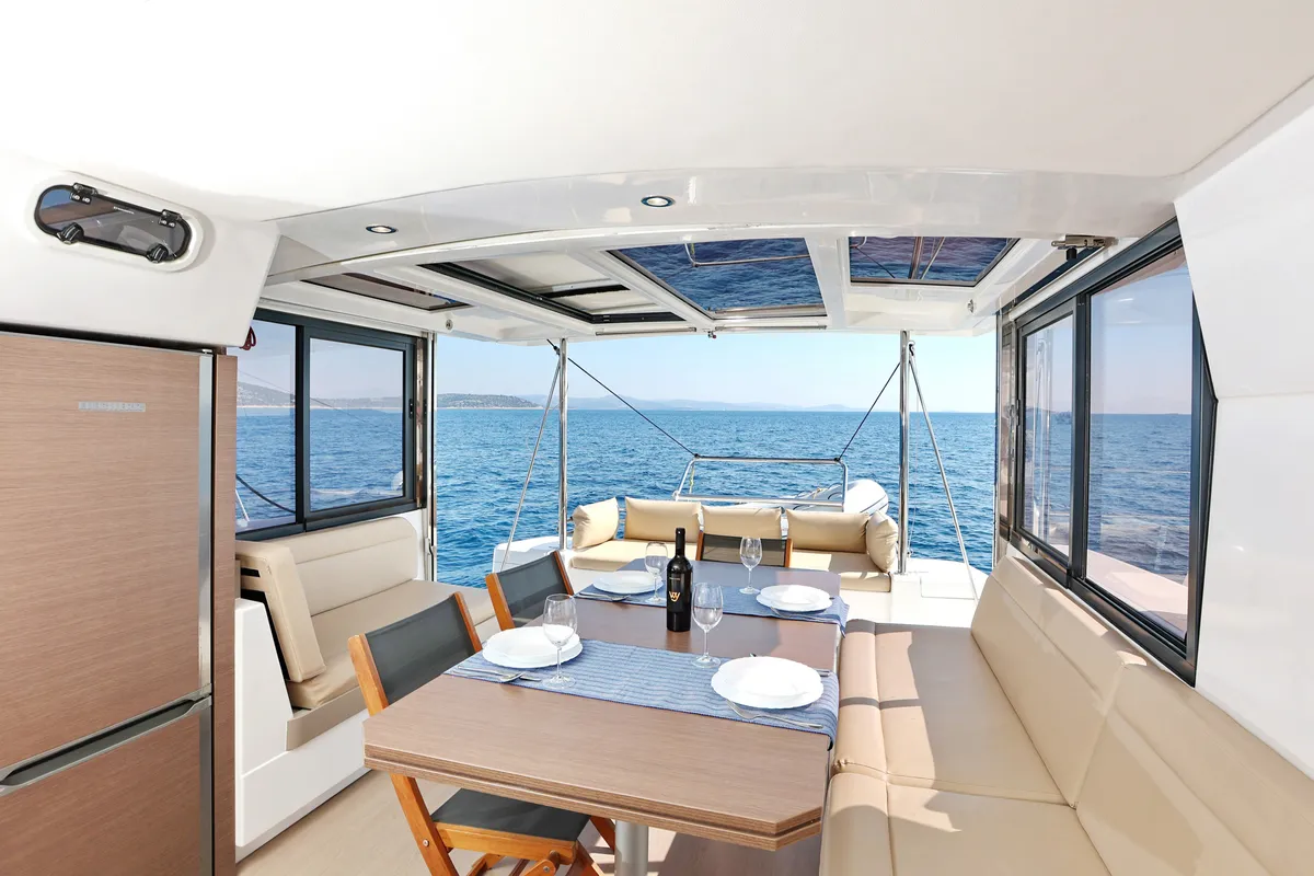 Salon of Sourire, a Bali 4.1 catamaran at Grad Šibenik, Croatia