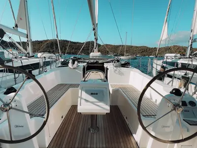Cockpit of Arinna, a Bavaria C38 sailboat at Fethiye, Turkey