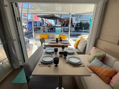 Salon of Why Not 22, a Lagoon 38 catamaran at Municipal Unit of Lefkada, Greece