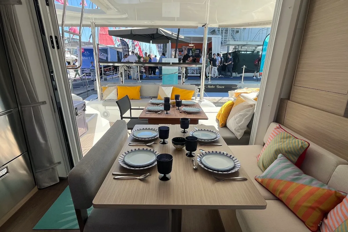 Salon of Why Not 22, a Lagoon 38 catamaran at Municipal Unit of Lefkada, Greece