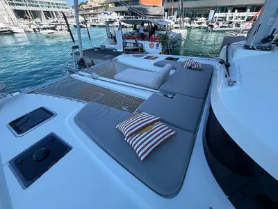 Deck of Why Not 22, a Lagoon 38 catamaran at Municipal Unit of Lefkada, Greece