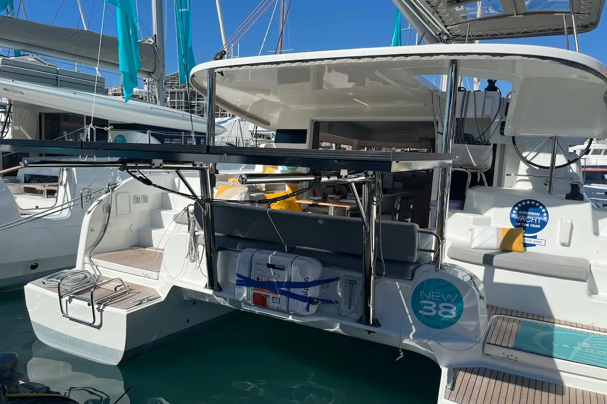 Exterior view of Why Not 22, a Lagoon 38 catamaran at Municipal Unit of Lefkada, Greece