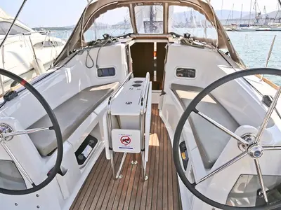 Cockpit of Dynamene, a Jeanneau Sun Odyssey 349 sailboat at Volos, Greece