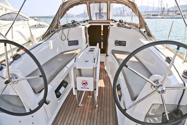 Cockpit of Dynamene, a Jeanneau Sun Odyssey 349 sailboat at Volos, Greece