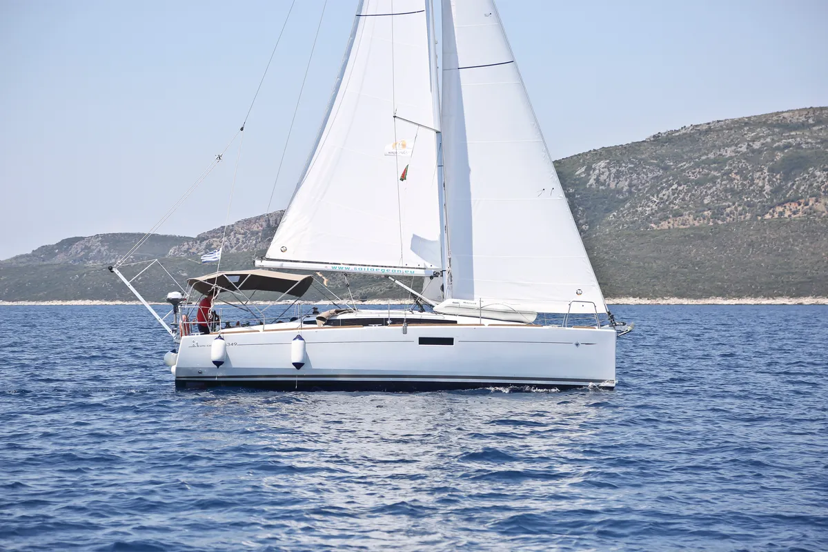 Exterior view of Dynamene, a Jeanneau Sun Odyssey 349 sailboat at Volos, Greece