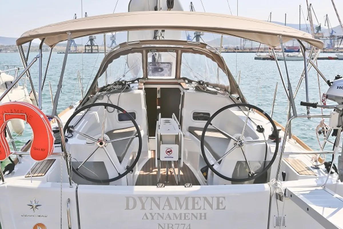 Exterior view of Dynamene, a Jeanneau Sun Odyssey 349 sailboat at Volos, Greece