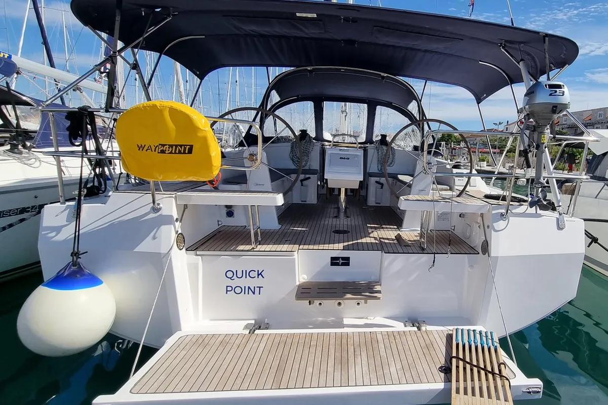 Exterior view of Quick Point, a Bavaria C42 sailboat at Split, Croatia