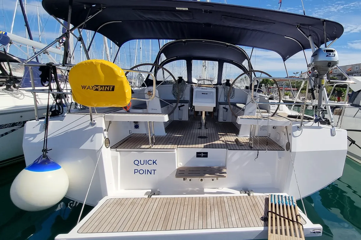 Exterior view of Quick Point, a Bavaria C42 sailboat at Split, Croatia