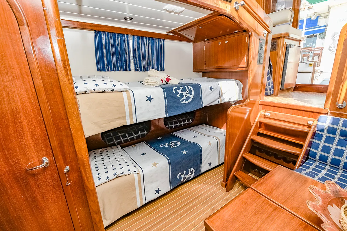 Cabin on Mar De Coral, a Sasga Yachts Menorquin Yacht 100 motorboat at Sitges, Spain