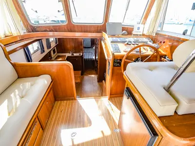 Cockpit of Mar De Coral, a Sasga Yachts Menorquin Yacht 100 motorboat at Sitges, Spain