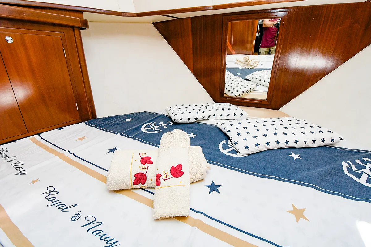 Cabin on Mar De Coral, a Sasga Yachts Menorquin Yacht 100 motorboat at Sitges, Spain
