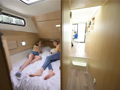 Cabin on Premium, a Nicols Octo Fly 12 motorboat at Sablé-sur-Sarthe, France