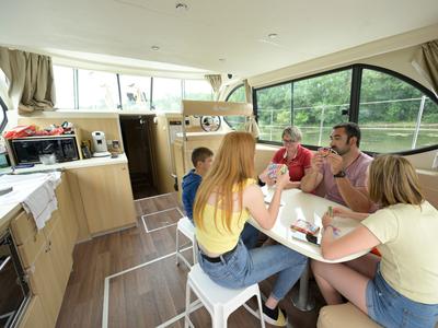 Salon of Premium, a Nicols Octo Fly 12 motorboat at Sablé-sur-Sarthe, France